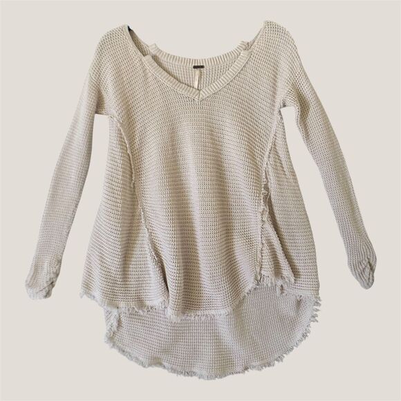 Free People Cream Waffle Knit Moonshine Cold Shoulder V-Neck Sweater Boho Sz S/P - Picture 2 of 12